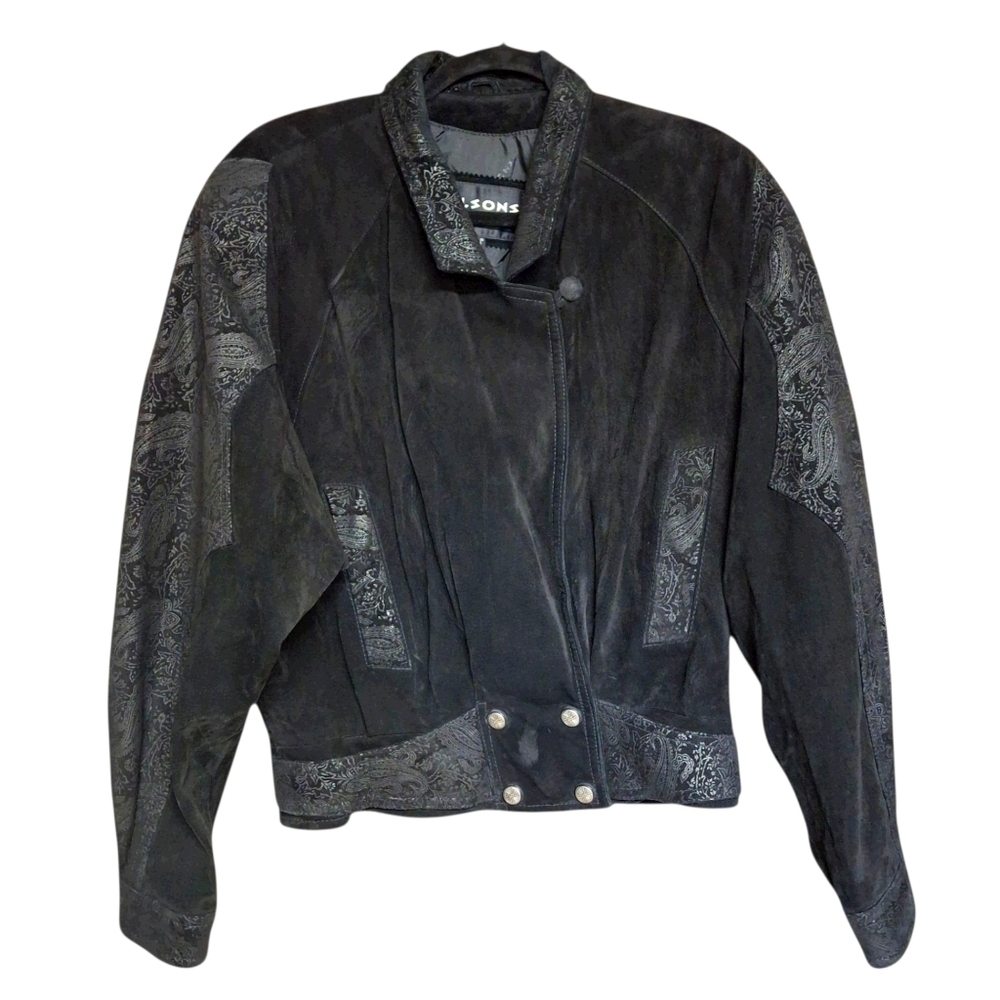 Vintage Wilson Leather Paisley Detail Long Sleeve Black Jacket Women Size Large